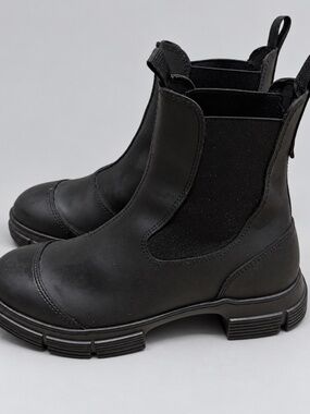 Ganni Rubber Black Cleated Low Chelsea Boots Size 38